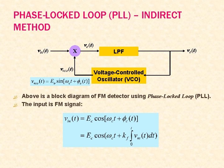 PHASE-LOCKED LOOP (PLL) – INDIRECT METHOD vin(t) X vvco(t) ve(t) LPF vo(t) Voltage-Controlled Oscillator