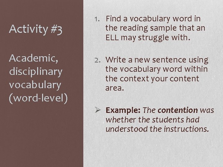 Activity #3 1. Find a vocabulary word in the reading sample that an ELL