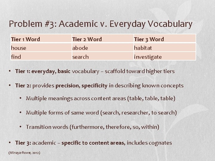 Problem #3: Academic v. Everyday Vocabulary Tier 1 Word house find Tier 2 Word