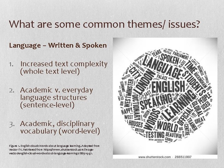 What are some common themes/ issues? Language – Written & Spoken 1. Increased text