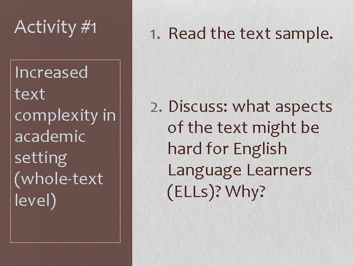 Activity #1 1. Read the text sample. Increased text complexity in academic setting (whole‐text