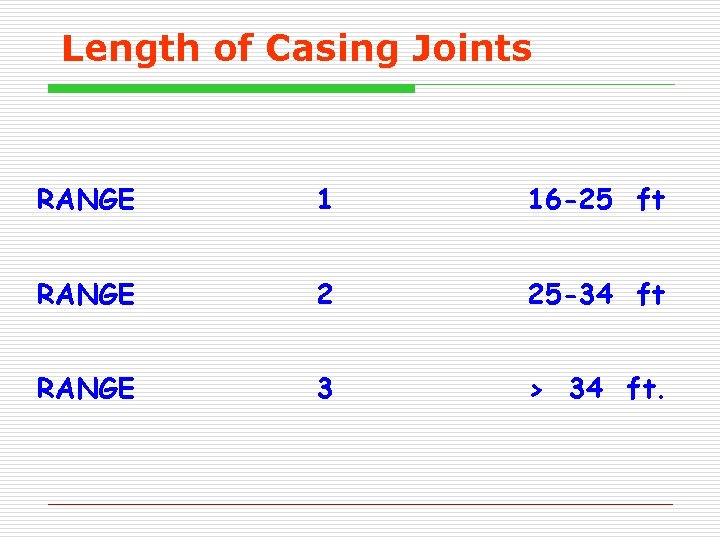 Length of Casing Joints RANGE 1 16 -25 ft RANGE 2 25 -34 ft Length of Casing Joints RANGE 1 16 -25 ft RANGE 2 25 -34 ft