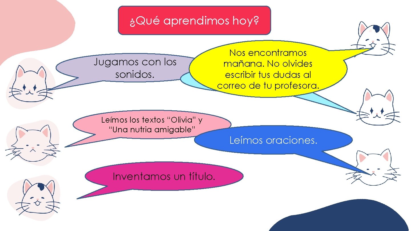 ¿Qué aprendimos hoy? Jugamos con los sonidos. Nos encontramos mañana. No olvides Aprendimos la ¿Qué aprendimos hoy? Jugamos con los sonidos. Nos encontramos mañana. No olvides Aprendimos la