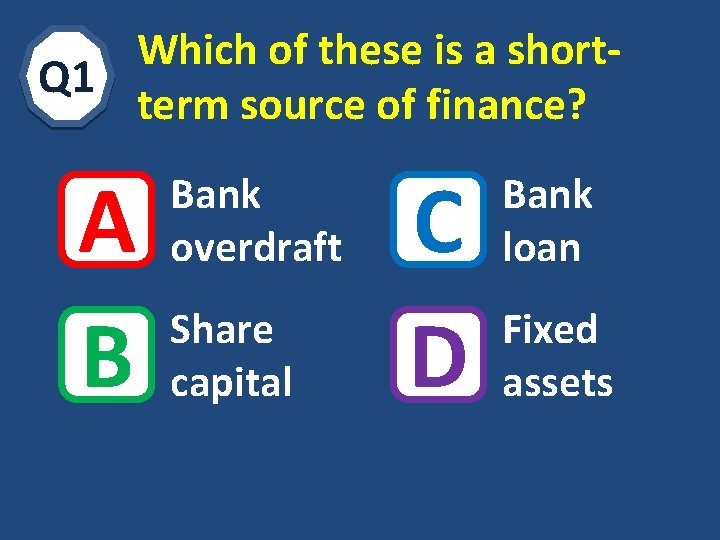 Which of these is a short. Q 1 term source of finance? A B