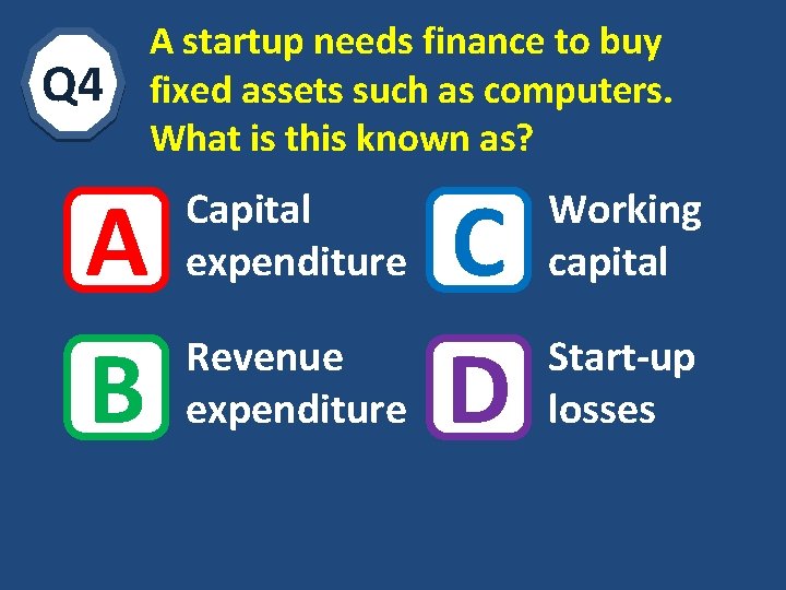 Q 4 A B A startup needs finance to buy fixed assets such as