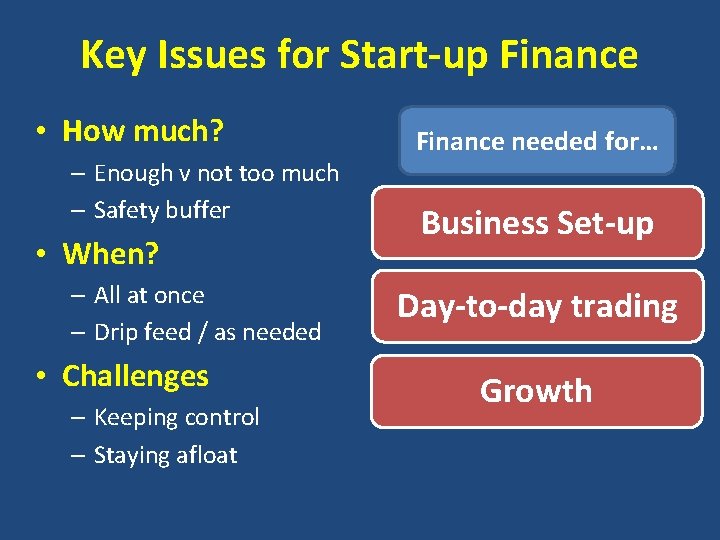 Key Issues for Start-up Finance • How much? – Enough v not too much