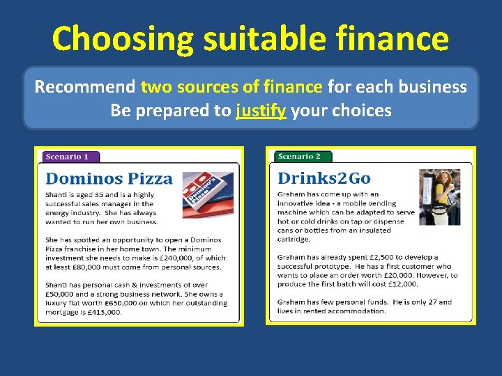 Choosing suitable finance Recommend two sources of finance for each business Be prepared to
