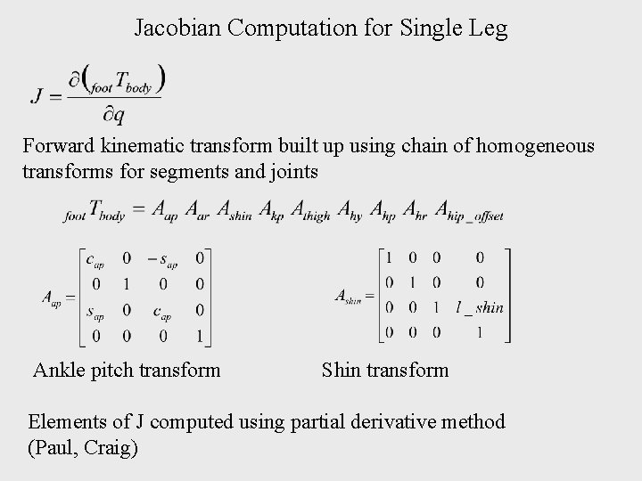 Jacobian Computation for Single Leg Forward kinematic transform built up using chain of homogeneous
