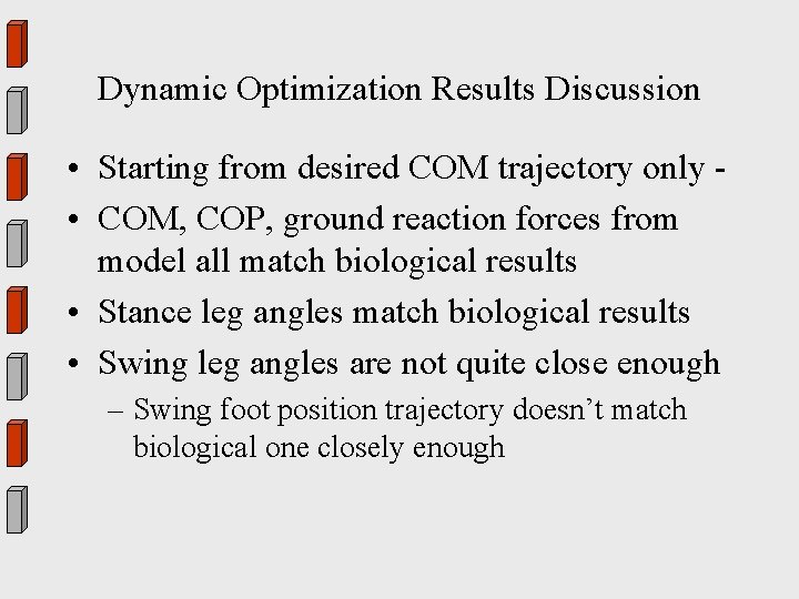 Dynamic Optimization Results Discussion • Starting from desired COM trajectory only • COM, COP,