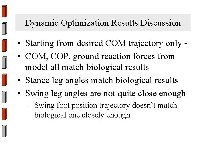 Dynamic Optimization Results Discussion • Starting from desired COM trajectory only • COM, COP,