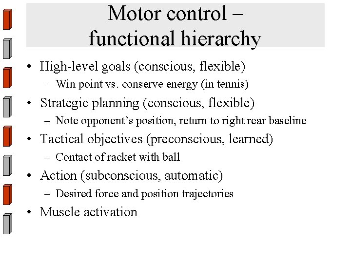 Motor control – functional hierarchy • High-level goals (conscious, flexible) – Win point vs.