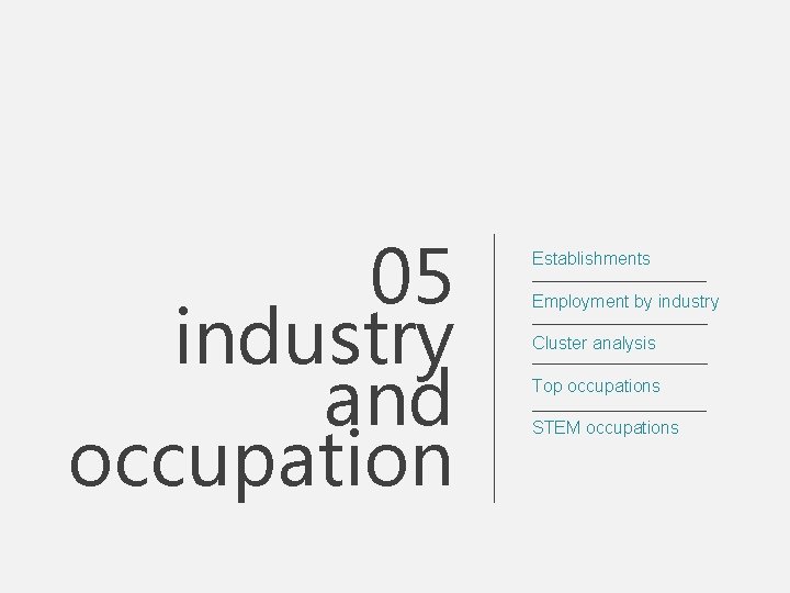 05 industry and occupation Establishments Employment by industry Cluster analysis Top occupations STEM occupations