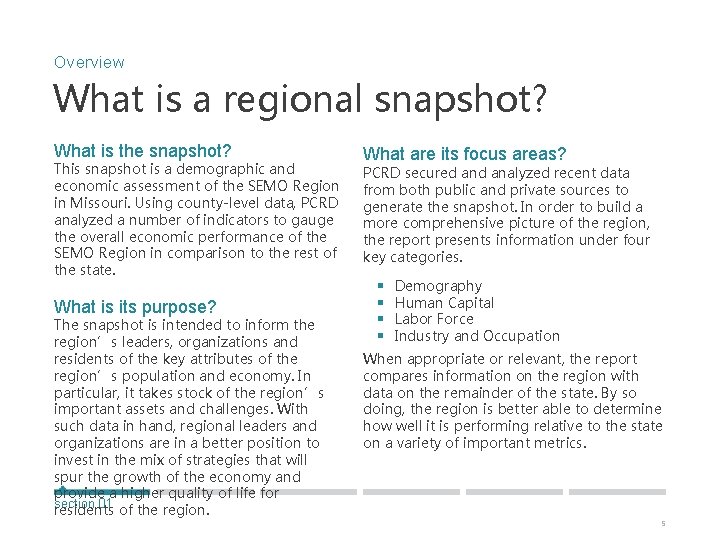 Overview What is a regional snapshot? What is the snapshot? This snapshot is a