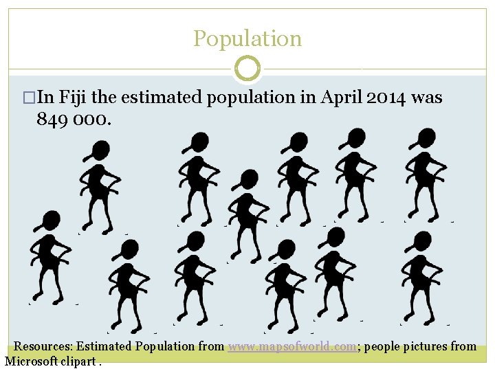 Population �In Fiji the estimated population in April 2014 was 849 000. Resources: Estimated