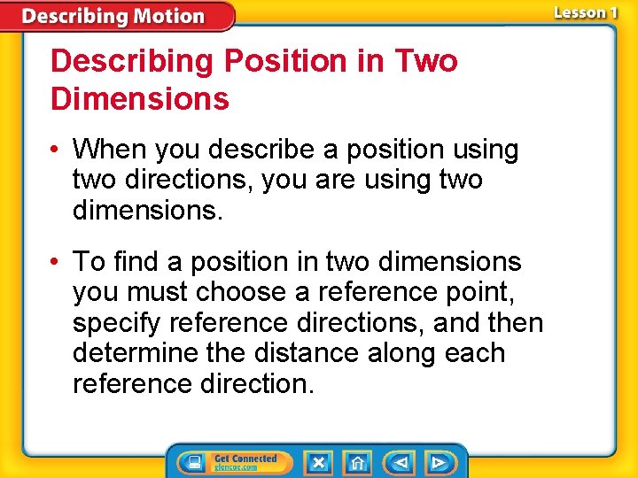 Describing Position in Two Dimensions • When you describe a position using two directions,