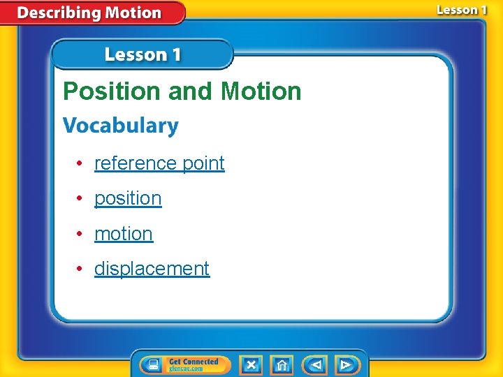 Position and Motion • reference point • position • motion • displacement 