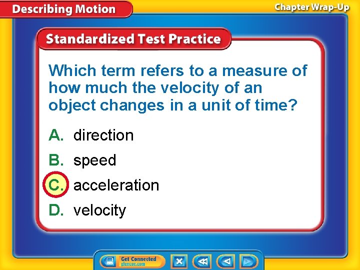 Which term refers to a measure of how much the velocity of an object