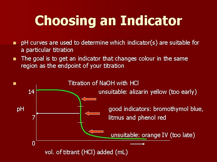 Choosing an Indicator p. H curves are used to determine which indicator(s) are suitable