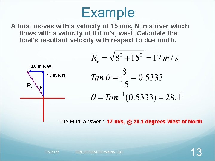 Example A boat moves with a velocity of 15 m/s, N in a river