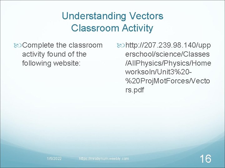 Understanding Vectors Classroom Activity Complete the classroom activity found of the following website: 1/5/2022