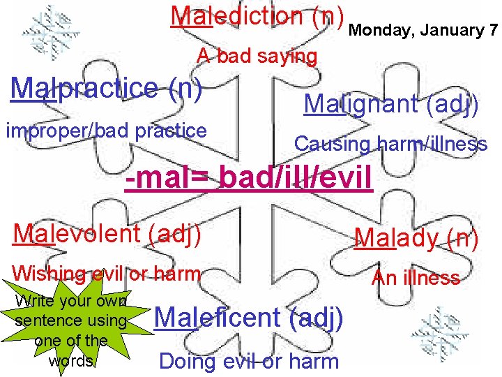 Malediction (n) Monday, January 7 A bad saying Malpractice (n) improper/bad practice Malignant (adj)