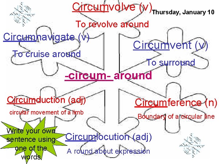 Circumvolve (v)Thursday, January 10 To revolve around Circumnavigate (v) To cruise around Circumvent (v)