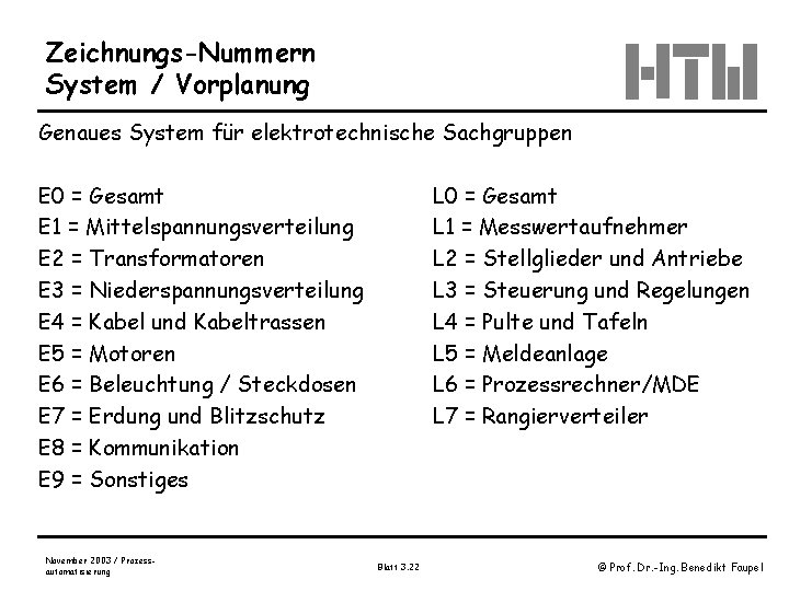 Zeichnungs-Nummern System / Vorplanung Genaues System für elektrotechnische Sachgruppen E 0 = Gesamt E