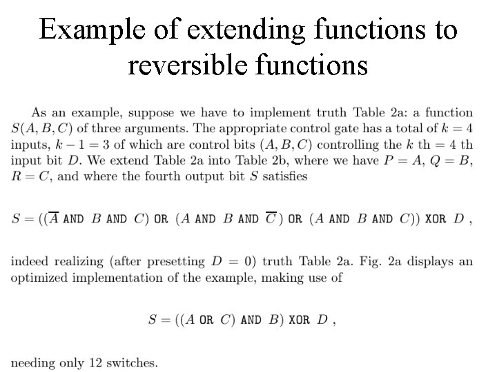 Example of extending functions to reversible functions 