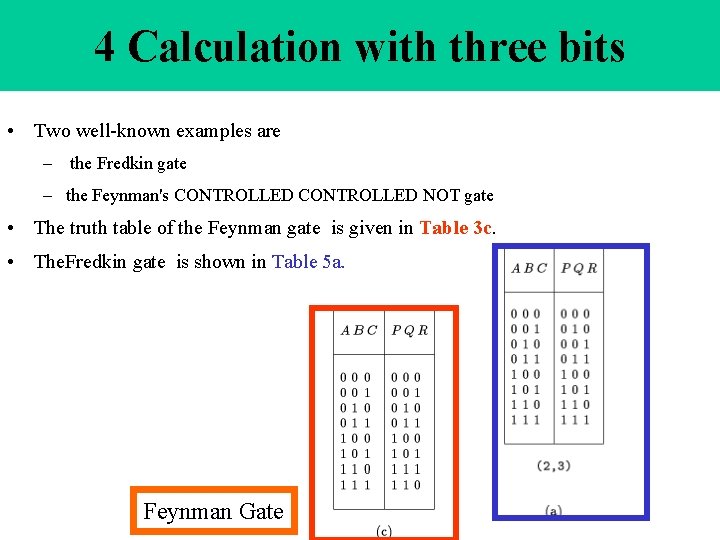4 Calculation with three bits • Two well-known examples are – the Fredkin gate