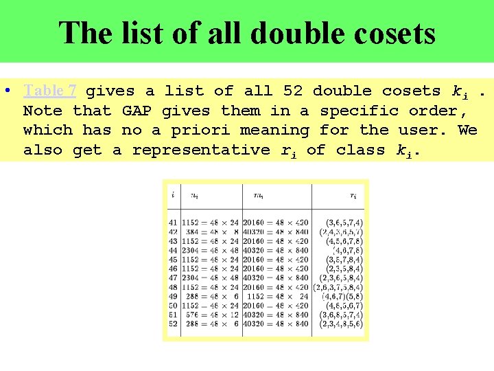 The list of all double cosets • Table 7 gives a list of all