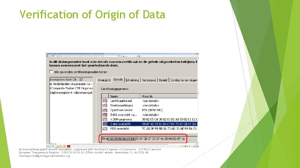 Verification of Origin of Data An international public benefit foundation, registered with the Dutch