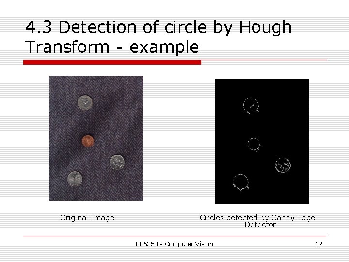 4. 3 Detection of circle by Hough Transform - example Original Image Circles detected