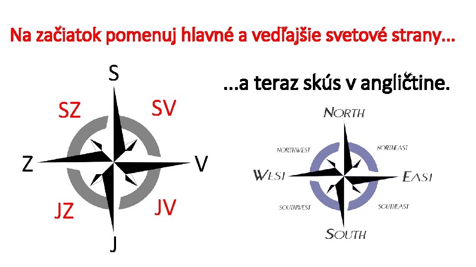 Na začiatok pomenuj hlavné a vedľajšie svetové strany. . . S . . .