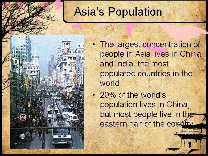 Asia’s Population • The largest concentration of people in Asia lives in China and