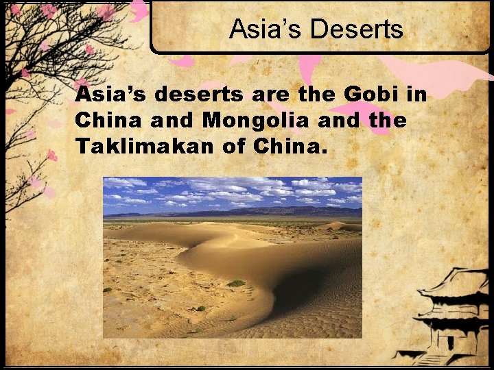 Asia’s Deserts Asia’s deserts are the Gobi in China and Mongolia and the Taklimakan