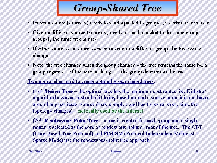Group-Shared Tree • Given a source (source x) needs to send a packet to Group-Shared Tree • Given a source (source x) needs to send a packet to