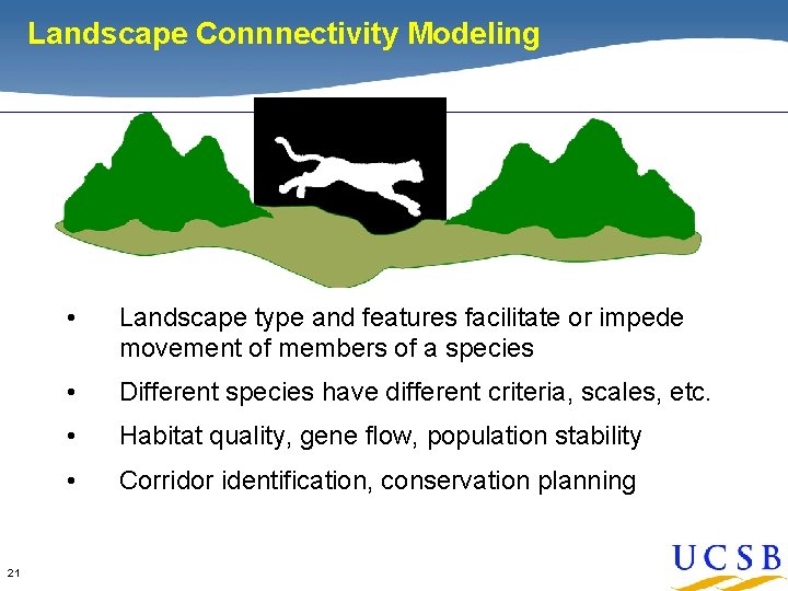 Landscape Connnectivity Modeling 21 • Landscape type and features facilitate or impede movement of Landscape Connnectivity Modeling 21 • Landscape type and features facilitate or impede movement of