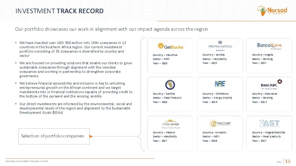 INVESTMENT TRACK RECORD Our portfolio showcases our work in alignment with our impact agenda