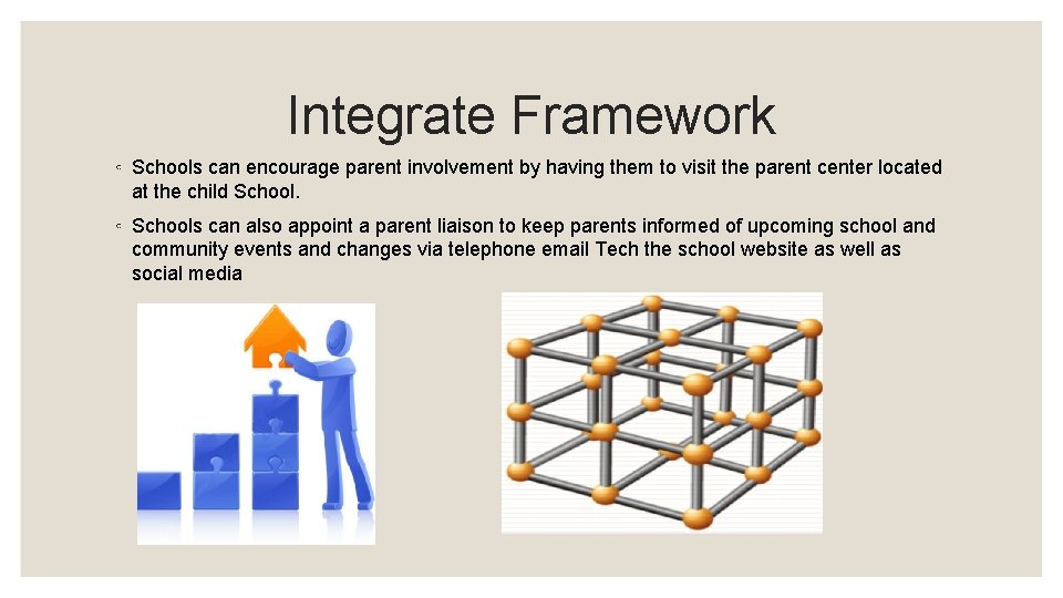 Integrate Framework ◦ Schools can encourage parent involvement by having them to visit the