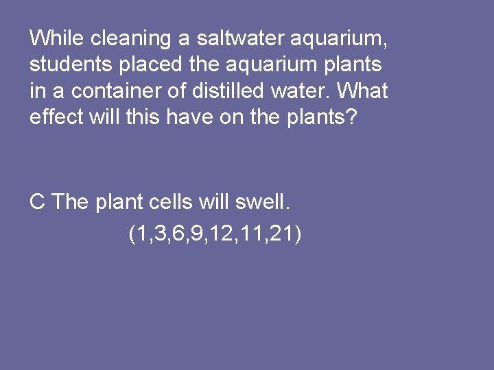 While cleaning a saltwater aquarium, students placed the aquarium plants in a container of