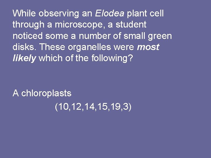 While observing an Elodea plant cell through a microscope, a student noticed some a