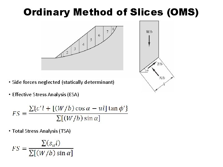 Ordinary Method of Slices (OMS) • Side forces neglected (statically determinant) • Effective Stress