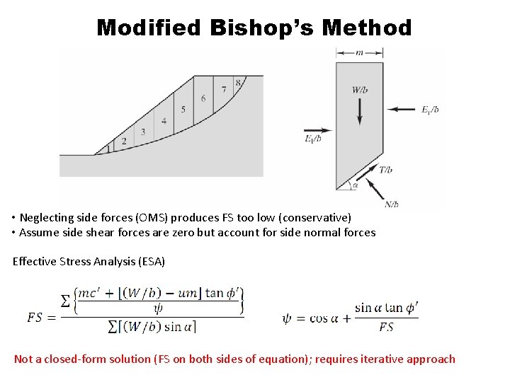 Modified Bishop’s Method • Neglecting side forces (OMS) produces FS too low (conservative) •