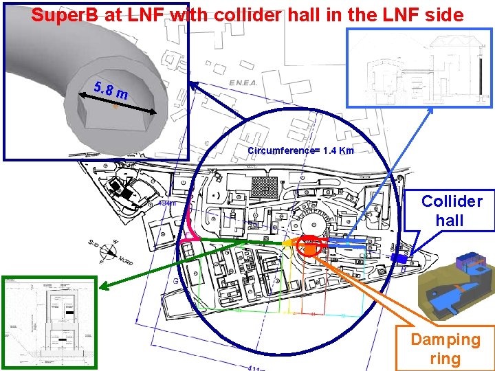 Super. B at LNF with collider hall in the LNF side 5. 8 m