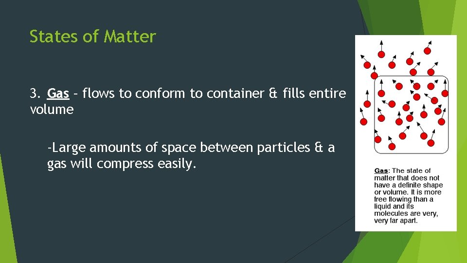 States of Matter 3. Gas – flows to conform to container & fills entire