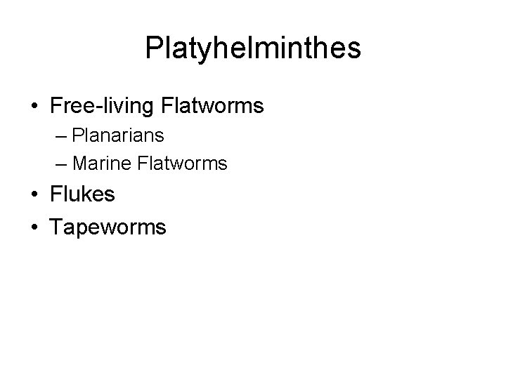 Platyhelminthes • Free-living Flatworms – Planarians – Marine Flatworms • Flukes • Tapeworms 