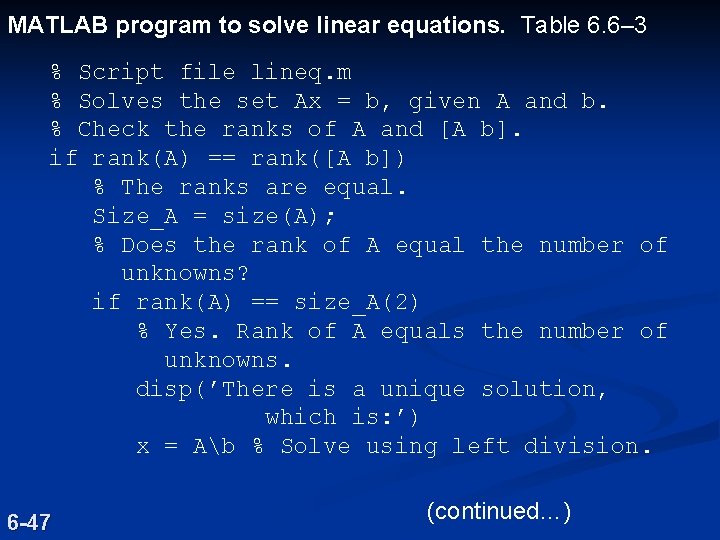 MATLAB program to solve linear equations. Table 6. 6– 3 % Script file lineq. MATLAB program to solve linear equations. Table 6. 6– 3 % Script file lineq.