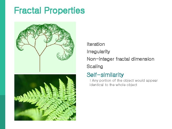 Fractal Properties Iteration Irregularity Non-integer fractal dimension Scaling Self-similarity : Any portion of the