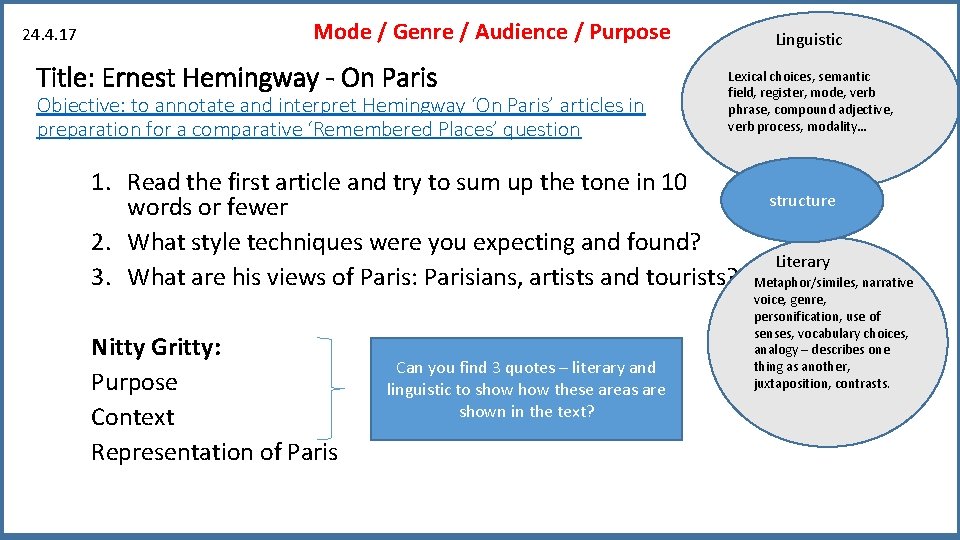 24. 4. 17 Mode / Genre / Audience / Purpose Title: Ernest Hemingway -