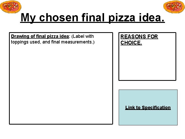 My chosen final pizza idea. Drawing of final pizza idea: (Label with toppings used,